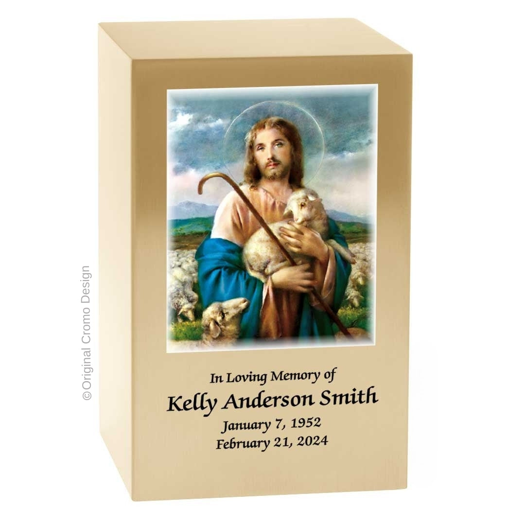 Catholic cremation urn with Jesus Shepherd  Wood finish by Cromo NB