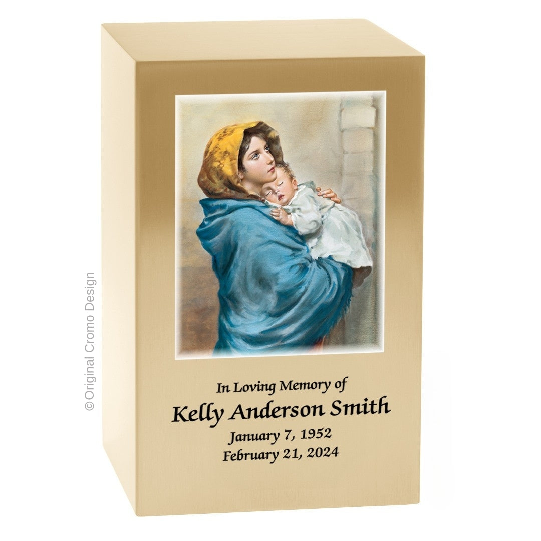 Catholic cremation urn with Madonna of The Street  Wood finish by Cromo NB