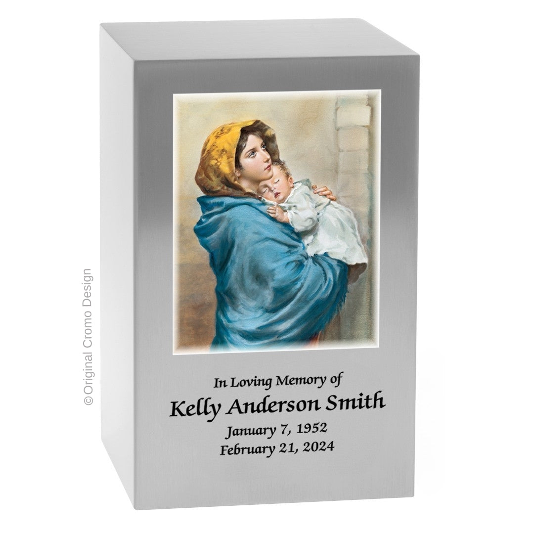 Catholic cremation urn with Madonna of The Street  Wood finish by Cromo NB