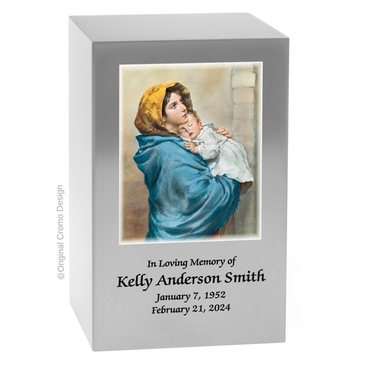 Catholic cremation urn with Madonna of The Street  Wood finish by Cromo NB