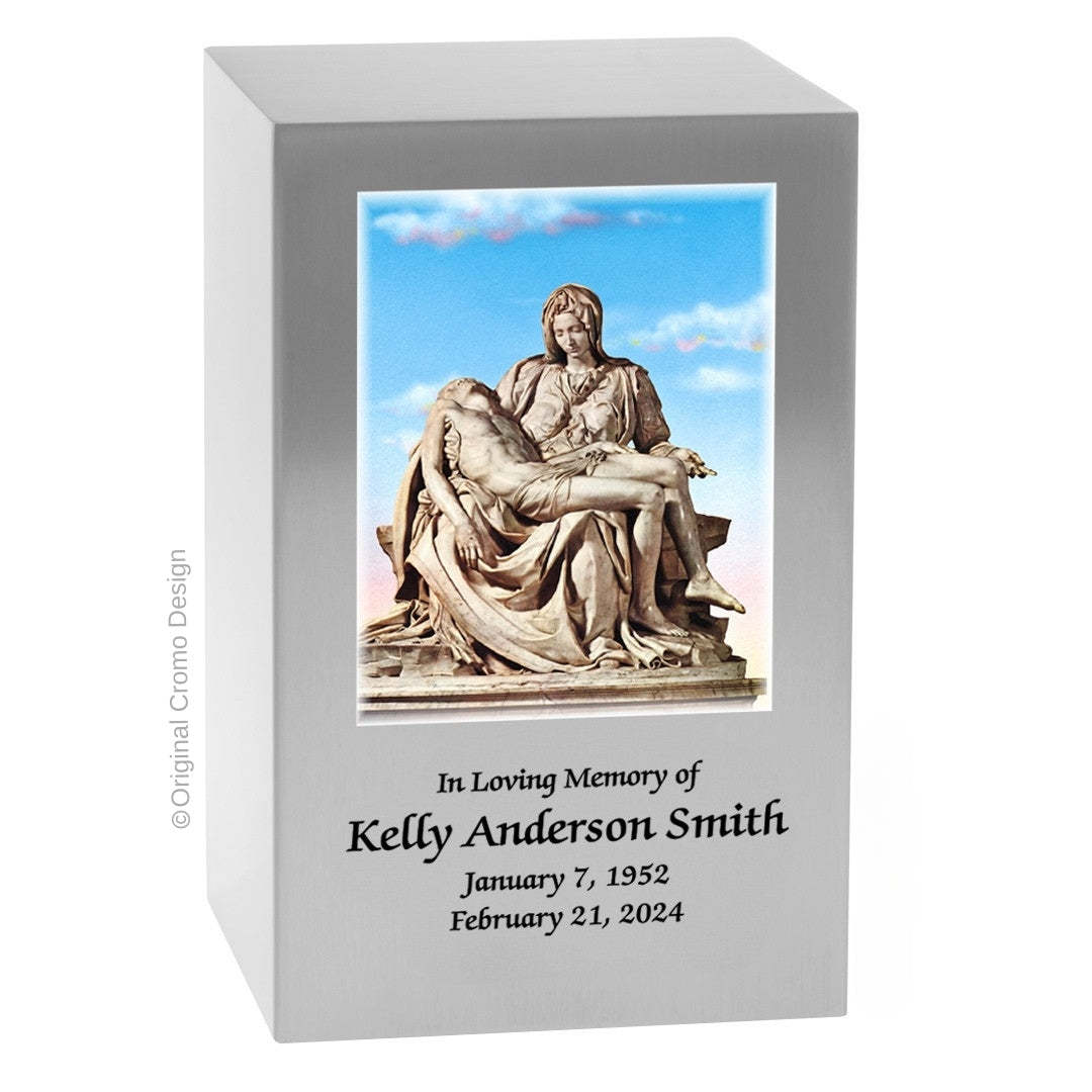 Catholic cremation urn with Pieta Michelangelo  Wood finish by Cromo NB