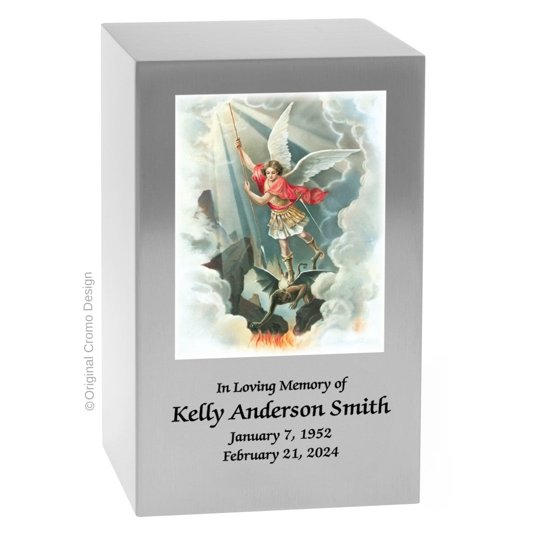 Catholic cremation urn with Saint Michael Archangel  Wood finish by Cromo NB