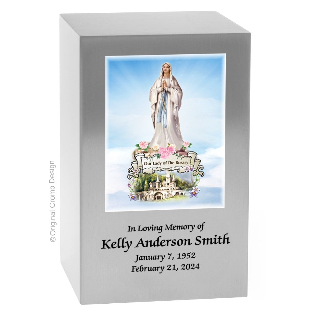 Catholic cremation urn with Our Lady of the Rosary  Wood finish by Cromo NB