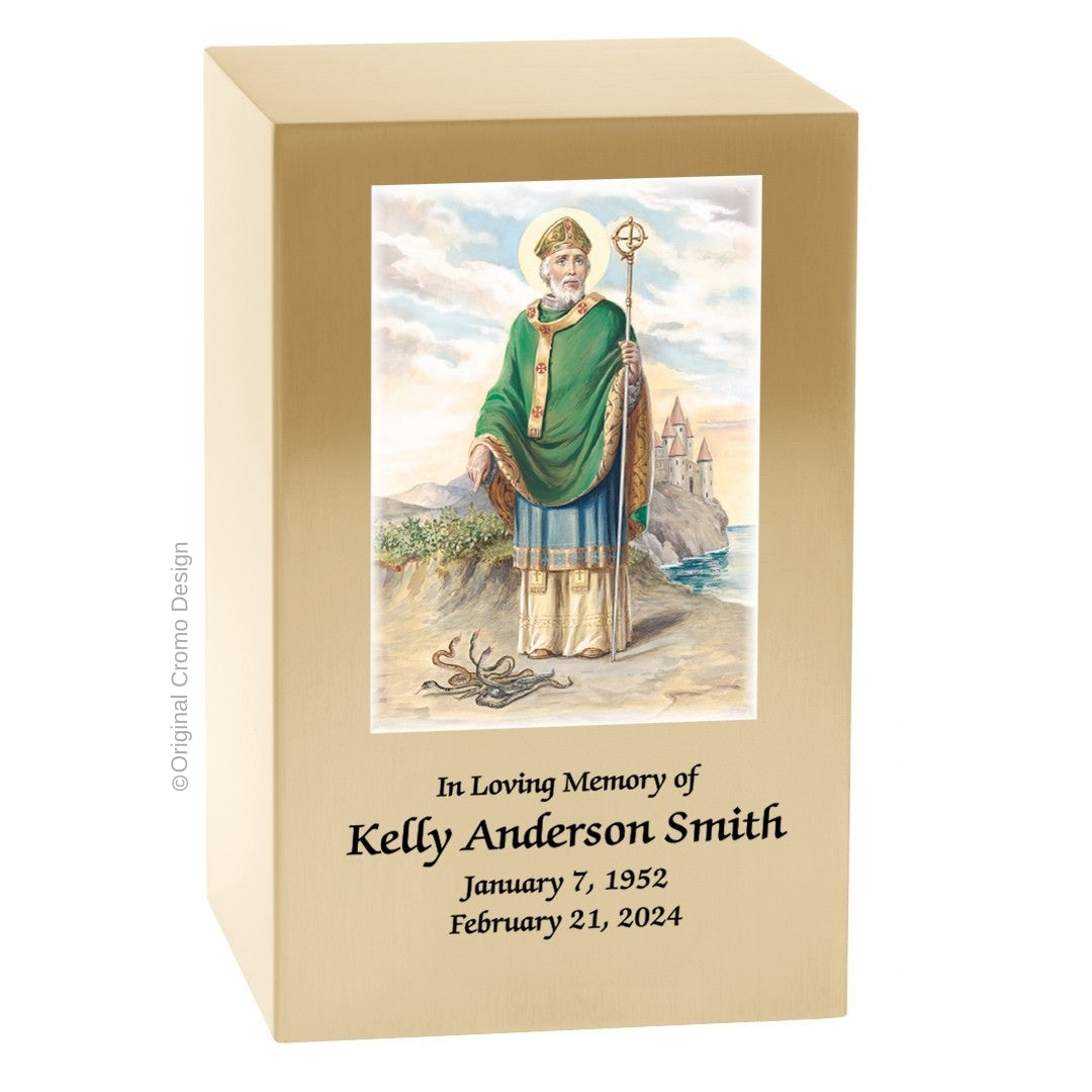 Catholic cremation urn with Saint Patrick  Wood finish by Cromo NB