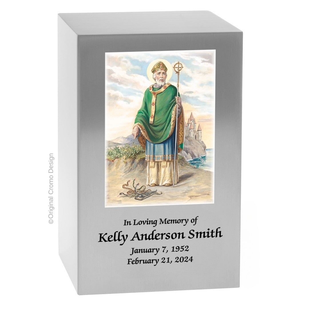 Catholic cremation urn with Saint Patrick  Wood finish by Cromo NB