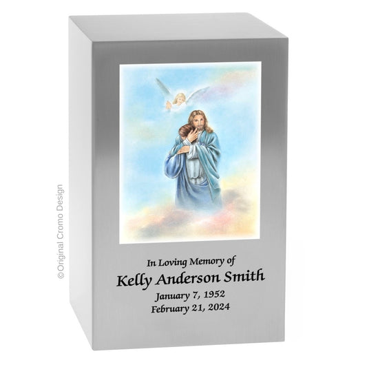 Catholic cremation urn with Paradise Jesus Hugging  Wood finish by Cromo NB